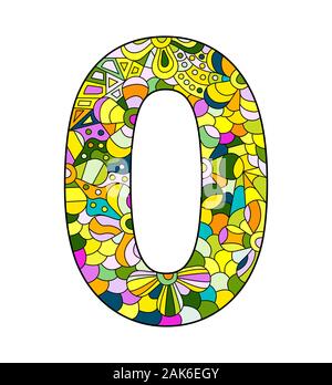 Color vector illustration, the number zero in the style of Zentangle. Filled color contour isolated on white background. Stock Vector