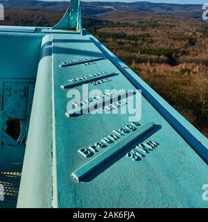 Stolberg, Germany, December 20., 2019: Inscriptions on the upper viewing platform of the Joseph's Cross in the southern Harz Mountains, indicating the Stock Photo