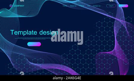 Website template design. Asbtract scientific background with colorful dynamic waves, hexagonal innovation pattern. Modern landing page for websites or Stock Vector