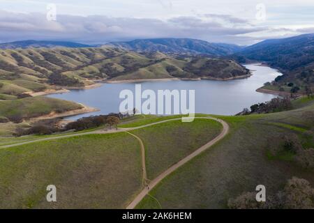 Seen from a bird's eye view, the hills of northern California, just east from Oakland and San Francisco, have turned green after winter rains. Stock Photo