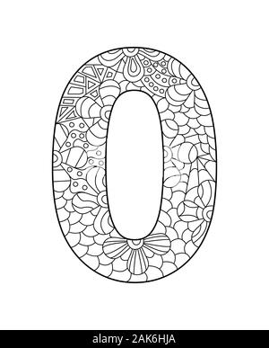 Black and white vector illustration for coloring. Number zero in the style of Zentangle. Empty linear contour isolated on white background. Stock Vector