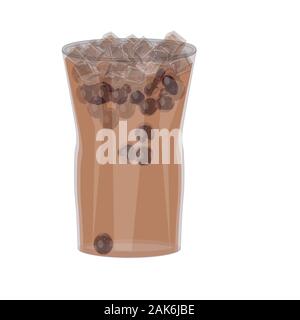 Bubble tea isolated on white background. Black pearl milk tea and boba with black tapioca in glass and ice cubes on top. Realistic style. Vector. Stock Vector