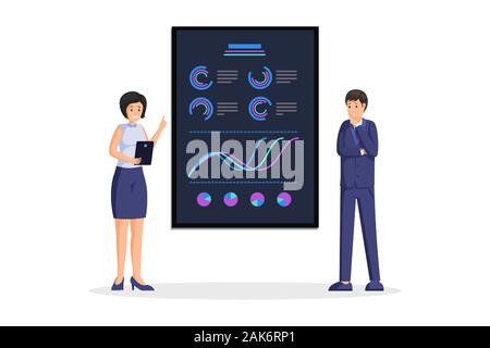Businesswoman presentation flat vector illustration. Data analytics and business strategy concept. Corporate report with colorful charts, diagrams, infographic, statistics information Stock Vector