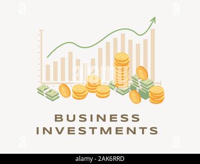 Business investment, rising chart vector illustration. Growing bar graph and arrow, increasing income, successful business strategy, earning money. RIO concept financial analysis and cooperation Stock Vector