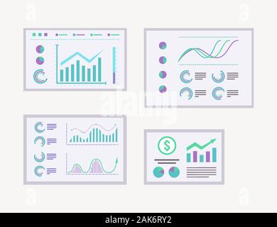 Data graph reports vector illustrations set. Business presentation, infographic, diagrams, statistics information on whiteboard pack. Financial info chart, business strategy and analytics Stock Vector