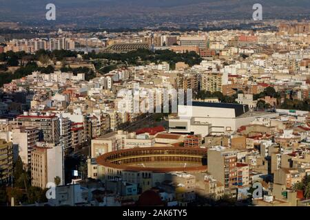 A view looking down on to the Plaza de Toros Alicante (Bull ring) from the Castle of Santa Barbara, Alicante, Spain. Stock Photo