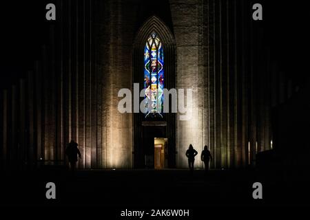 Hallgrímskirkja church entrance at night. Reykjavik, Iceland, january 2020 Stock Photo