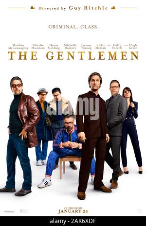 The Gentlemen (2019) directed by Guy Ritchie and starring Matthew McConaughey, Charlie Hunnam, Michelle Dockery and Jeremy Strong. British comedy gangster movie about an American drug lord trying to sell his London based business. Stock Photo