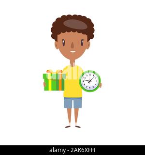 Ontime delivery service. Young logistic man in shorts and t-shirt standing, holding box and watch on white background. Stock Vector