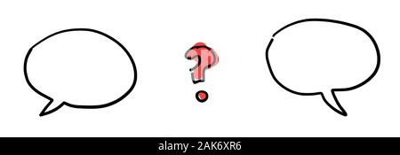Hand drawn vector sketch illustration of two speech bubbles and question mark. White background, colored and black outlines. Stock Vector