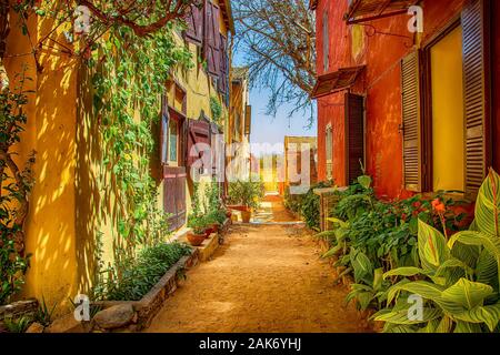 Street on Gorée island, Senegal, Africa. They are colorful stone houses overgrown with many green flowers. It is one of the earliest European Stock Photo