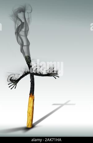 Burned wooden match with arms and hands formed by burned wooden matches with black smoke coming out of the head and arms on white background and cross Stock Photo