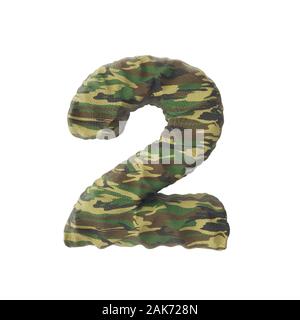 Camouflage army numbers of 2, 3D rendering isolated on white background - Illustration Stock Photo