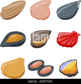 Mussels icons set, isometric style Stock Vector