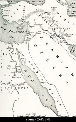 This map detailing the area of the world in the middle east known as the “Cradle of Civilization” dates to the early 1900s. Included on this map are: Arabian Desert, Egypt, Nubia, Ethiopia, Libyan Desert, Red Sea, Persian Gulf, Babylonia, Assyria, Armenia, Media, Lydia, Hittites, Mediterranean Sea, Sea of the Setting Sun (present-day Black Sea), Sea of the Rising Sun (present-day Caspian Sea). Stock Photo
