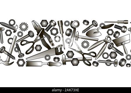 Construction tools vector icons seamless border. Hand equipment background for hardware store or other repair design. Stock Vector
