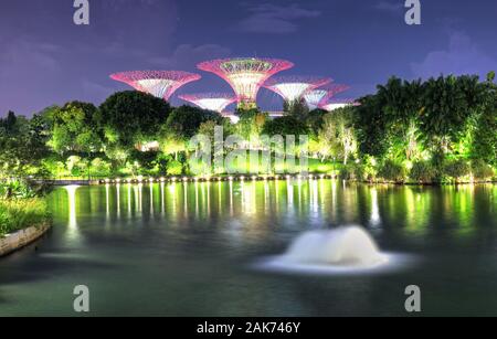 Singapore, Marina bay at night - Super tree with fountain in garden Stock Photo