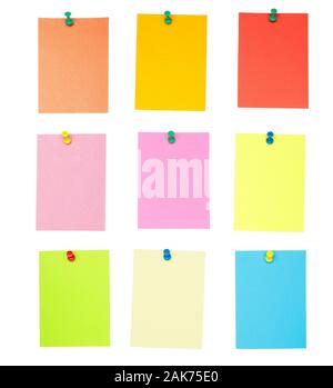 Collection of different colored pinned sheets of note papers stickers Isolated on white background Stock Photo