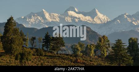 The beautiful Chaukhamba peak as seen from a hill top in the Himalayan village of Chaukori in Uttarakhand, India.