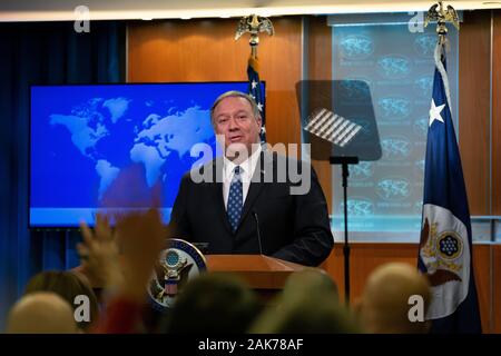United States Secretary of State Mike Pompeo speaks to members of the media during a press briefing at the Department of State in Washington, DC, U.S., on Tuesday, January 7, 2020. Pompeo defended United States actions in Iran, where an airstrike killed Iranian military leader Qasem Soleimani. Credit: Stefani Reynolds/CNP /MediaPunch Stock Photo