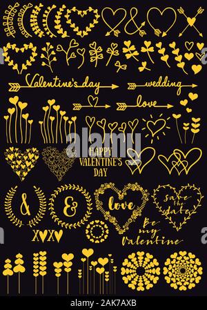 Gold heart flowers, set of hand drawn vector design elements for Valentine's day card, wedding invitation Stock Vector
