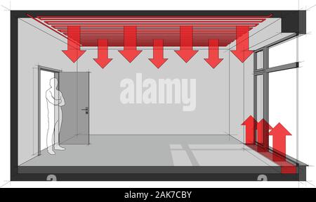 3d illustration of  empty room with door and tall french window and standing man in the opened door and ceiling heating and floor convector for heatin Stock Vector