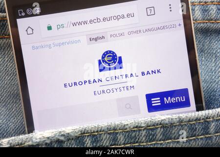 European Central Bank website displayed on smartphone hidden in jeans pocket Stock Photo