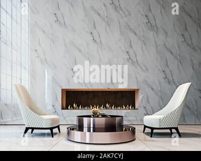 Luxury white marble mock-up wall with tufted white armchairs, brushed metal coffee table and modern built-in fireplace, living room, 3d render, 3d ill Stock Photo