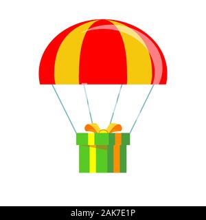 Flat design. Vector illustration. Delivery service. Parachute with parcel, gift in the sky. Stock Vector