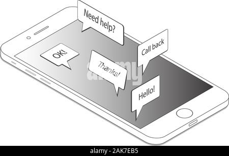 Social media network, mobile phone message icons, smartphone app notification, isometric vector Stock Vector