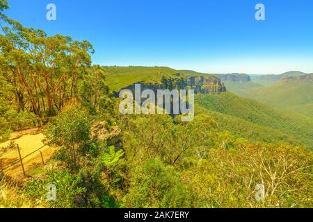 Landscape of Govetts Leap Lookout, Blackheath, one of the most famous park views. Blue Mountains National Park near Sydney in New South Wales Stock Photo