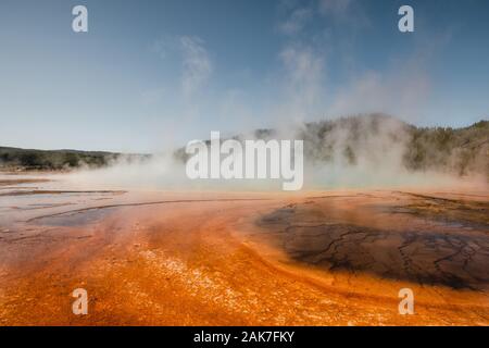 Close up view of Grand Prismatic Spring in Yellowstone National Park, Wyoming, USA
