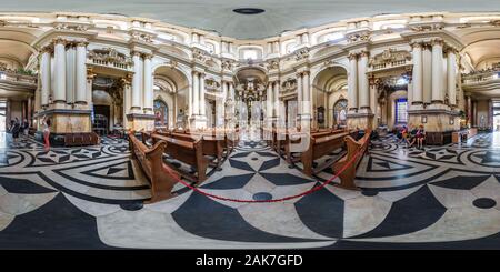 360 degree panoramic view of LVIV, UKRAINE - AUGUST 2019: Full spherical seamless hdri panorama 360 degrees inside interior old baroque uniate Dominican Cathedral in equirectangul