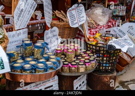 Wooden shops with traditional local products at Palios Panteleimonas village in Pieria on Olympus mountain, Greece Stock Photo