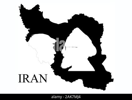 Donald Trump vs. Hassan Rouhani. Silhouette of leaders of the United States and Iran, placed on the shape of Iran territory. Conceptual illustration. Stock Photo