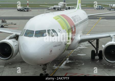Warsaw, November 7, 2019: Air Portugal Airlines Airbus airplane waiting for boarding on runway Stock Photo