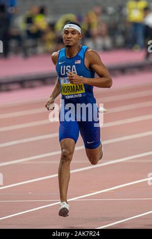 DOHA - QATAR - OCT 2: Michael Norman of the USA competing in the 400m heats on day 6 of the 17th IAAF World Athletics Championships Doha 2019 at Khali Stock Photo