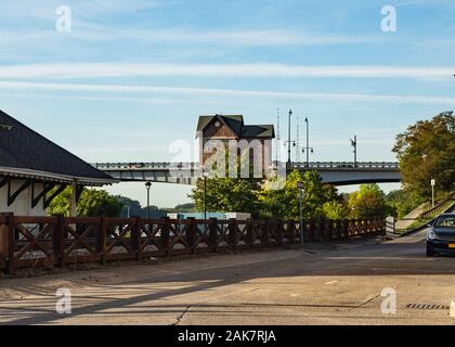 The Colonel Patrick O'Rorke Memorial Bridge, a Bascule bridge , in the small town of Charlotte, New York outside of Rochester on Lake Ontario Stock Photo