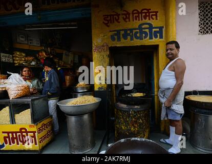 An Indian savory snack shop in Udaipur, India. Stock Photo