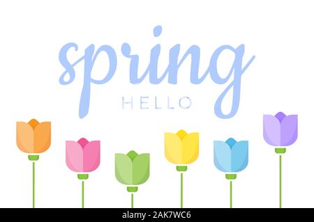 Hello Spring Hand lettered quote with set of six different color tulip flowers. Vector illustration. Stock Vector