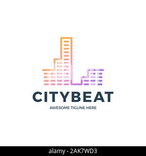 City Audio Sound Wave logo template stock vector design. Line abstract music technology logotype. Digital element emblem, graphic signal waveform, cur Stock Vector