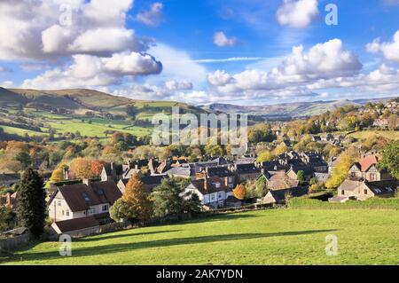 A sunny scenic landscape view of the village of Hathersage and Hope Valley towards Mam Tor and Lose Hill, Peak District National Park, England, UK Stock Photo