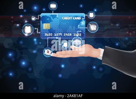 Man hand holding credit card and symbol Stock Vector