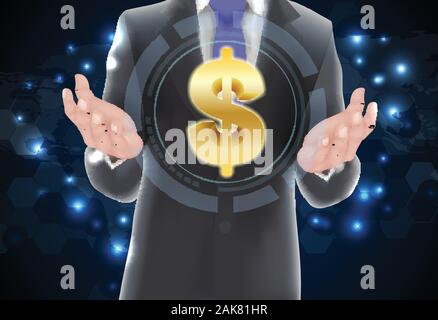 Man with icons money  on gold Stock Vector