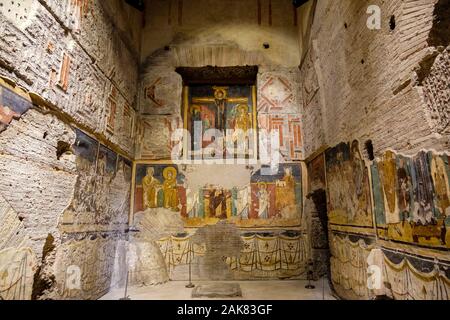 Roman frescoes, Roman painting at Santa Maria Antiqua, Ancient Church of Saint Mary, wall frescoes, Palatine Hill, Roman Forum, Rome, Italy Stock Photo