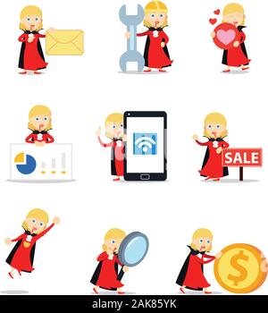 Set of Dracula woman character with blood on the face. Stock Vector