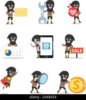 Set of male character executioner wearing black mask. Stock Vector