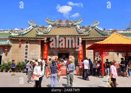 Bangkok,Thailand-December 31 2019 : Outside view of Dragon temple in chinatown, many tourists come to worship buddha, making wishes and taking photos Stock Photo
