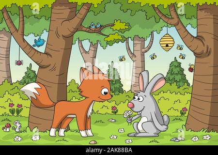 Fox and rabbit meet in the woods. Vector illustration with separate layers. Stock Vector