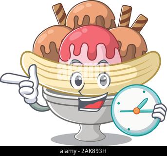 cartoon character style banana split having clock Stock Vector